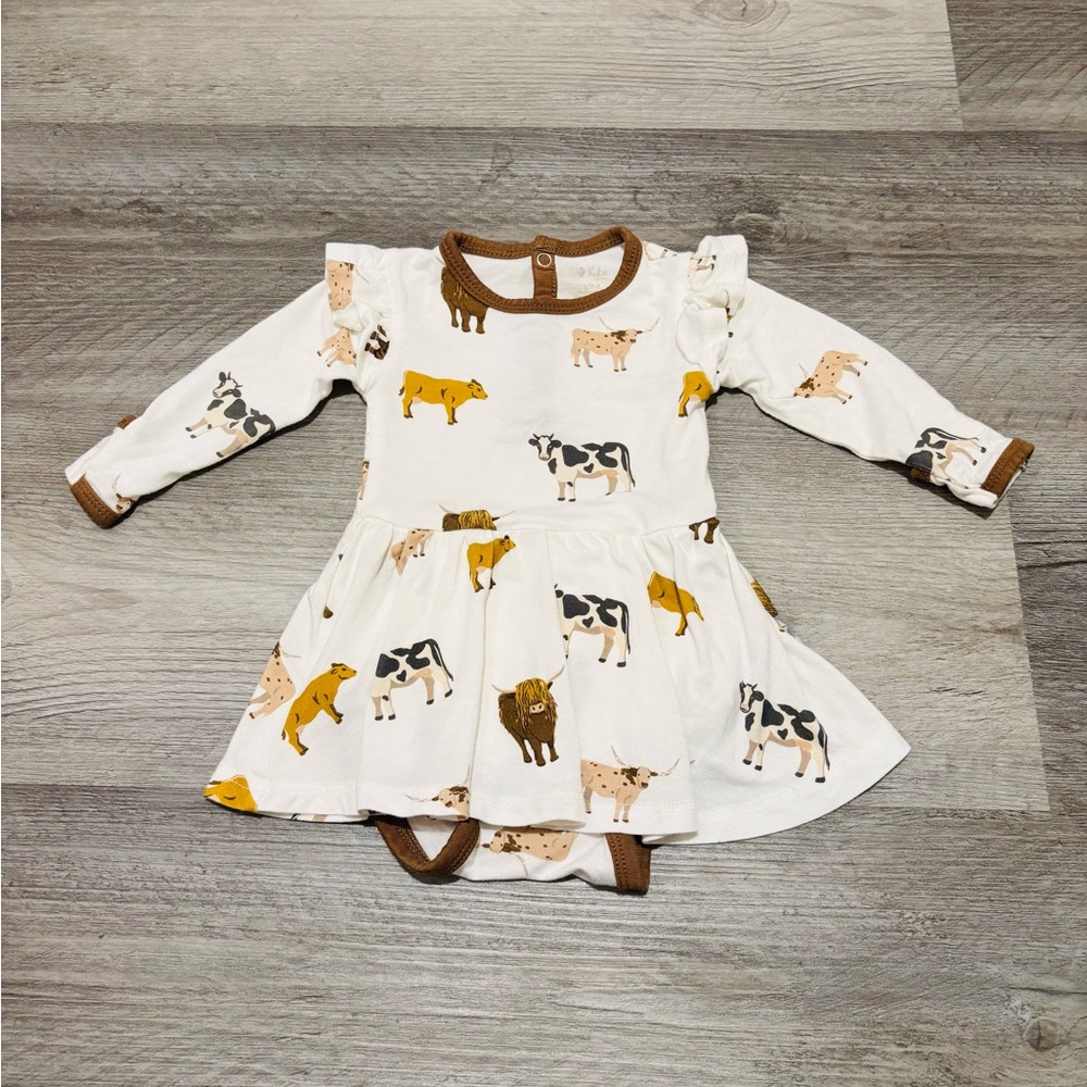Kyte Baby Cow Print Long Sleeve Dress One piece - Cream & Brown 0-3 mo